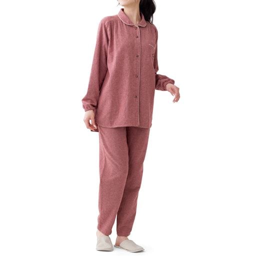 ＜セシール＞【レディース】 ネル起毛裏ガーゼのふかふかシャツパジャマ(綿100%) ■カラー：カーディナルレッド ■サイズ：MLLL3L