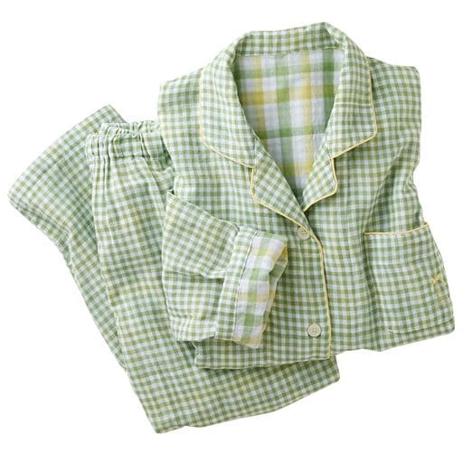 人気のチェック柄シャツパジャマ(綿100%)(二重ガーゼ) | F(グリーン)