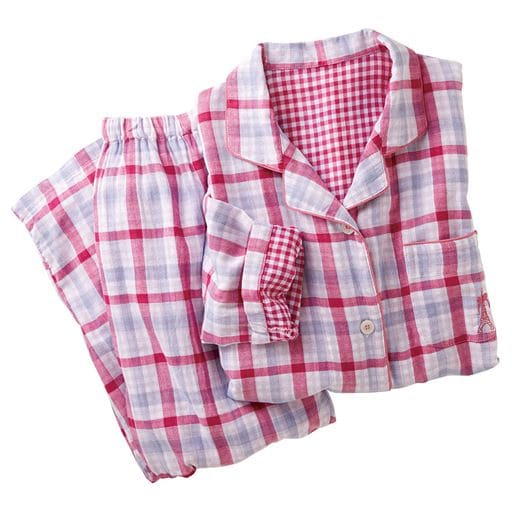 人気のチェック柄シャツパジャマ(綿100%)(二重ガーゼ) | A(ピンク×ラベンダー)