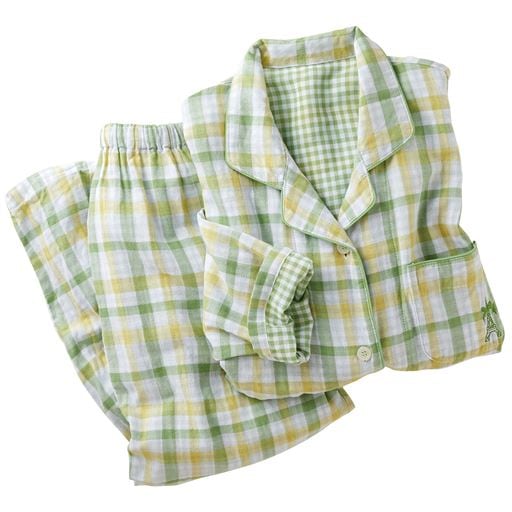 人気のチェック柄シャツパジャマ(綿100%)(二重ガーゼ) | E(グリーン×イエロー)