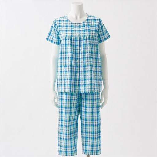 ベタつきにさよなら!夏に心地いい爽やか前開きサッカーパジャマ(綿100%)(半袖) | ターコイズブルー
