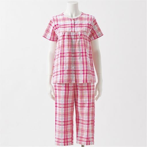ベタつきにさよなら!夏に心地いい爽やか前開きサッカーパジャマ(綿100%)(半袖) | ローズレッド