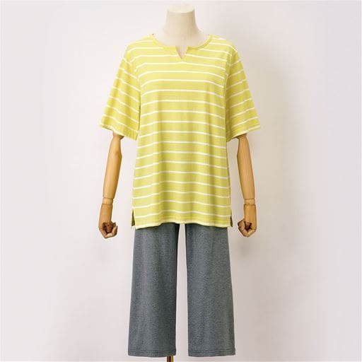 【レディース】 キーネックのボーダーTタイプパジャマ(綿100%) ■カラー：イエロー ■サイズ：M,L,LL,3L,5L