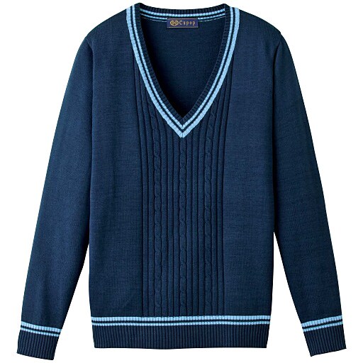 50%OFFライン入りケーブルVネックニットセーター(スクール・制服) - セシール ■カラー：ネイビー ■サイズ：S