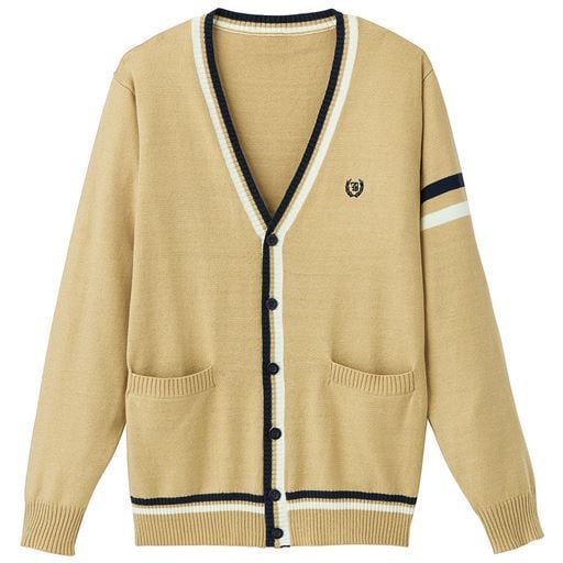 ライン入りVネックニットカーディガン(洗濯機OK)(スクール・制服) ■カラー：ベージュ ■サイズ：S,M