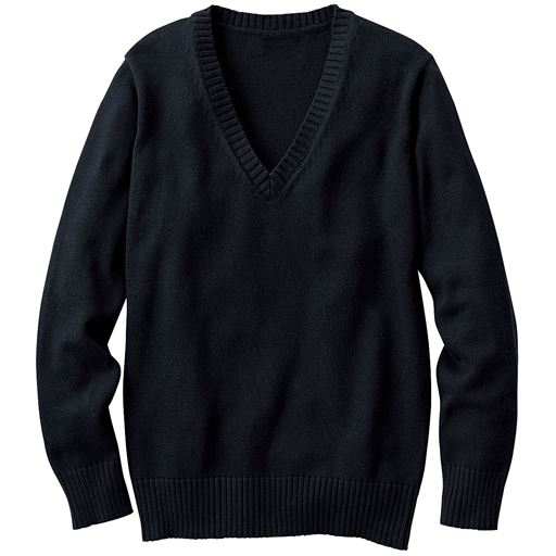 年間使いやすい綿100%Vネックニット(セーター)(洗濯機OK)(スクール・制服) | ブラック