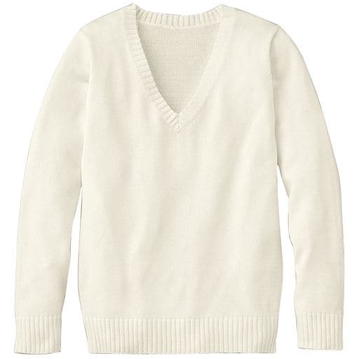 年間使いやすい綿100%Vネックニット(セーター)(洗濯機OK)(スクール・制服) | オフホワイト