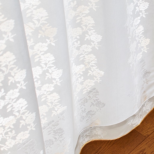 やや透け感のあるミラーレースカーテン(花柄) - セシール ■カラー：オフホワイト ■サイズ：幅100×丈88(2枚組),幅100×丈108(2枚組),幅100×丈118(2枚組),幅10