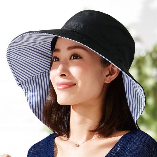 【レディース】 りぼんde調節UVカットつば広帽子 - セシール ■カラー：ブラック