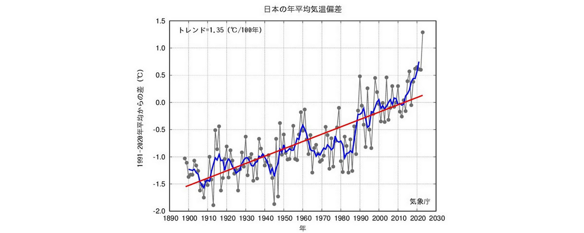 細線(黒):各年の平均気温の基準値からの偏差、太線(青):偏差の5年移動平均値、直線(赤):長期変化傾向。<br>基準値は1991〜2020年の30年平均値。