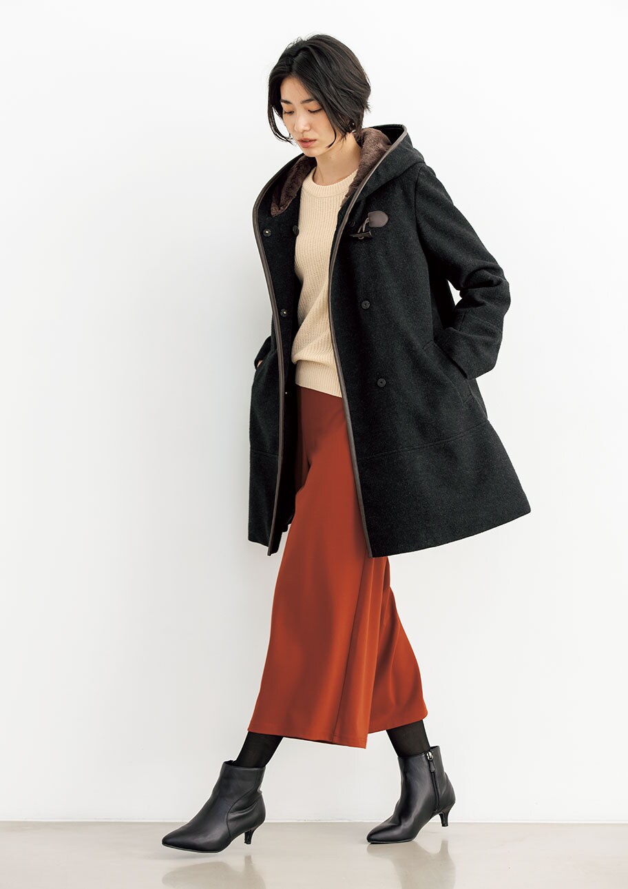 トグル釦使いフーディコート フェイクウール素材 セシール Cecile