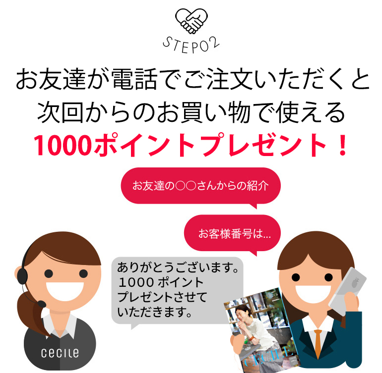 ②お友達が電話で5,000円（税込）以上お買い上げいただくと、次回からのお買い物で使える1,000ポイントプレゼント！