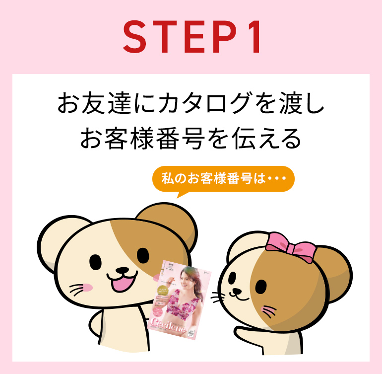 ①お友達にカタログを渡し、あなたのお客様番号を伝えます。