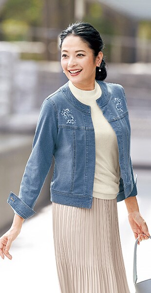 ニットデニムノーカラージャケット ハイネックニット プリーツスカートコーデ セシール Cecile ニットデニムノーカラージャケット ハイネックニット プリーツスカートコーデ セシール Cecile