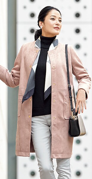 フェイクスエードロングジャケット タートルネックニット 中綿入りストレッチパンツコーデ セシール Cecile