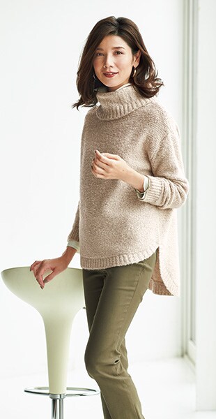 チュニックニット デニムシャツ ストレートパンツコーデ セシール Cecile